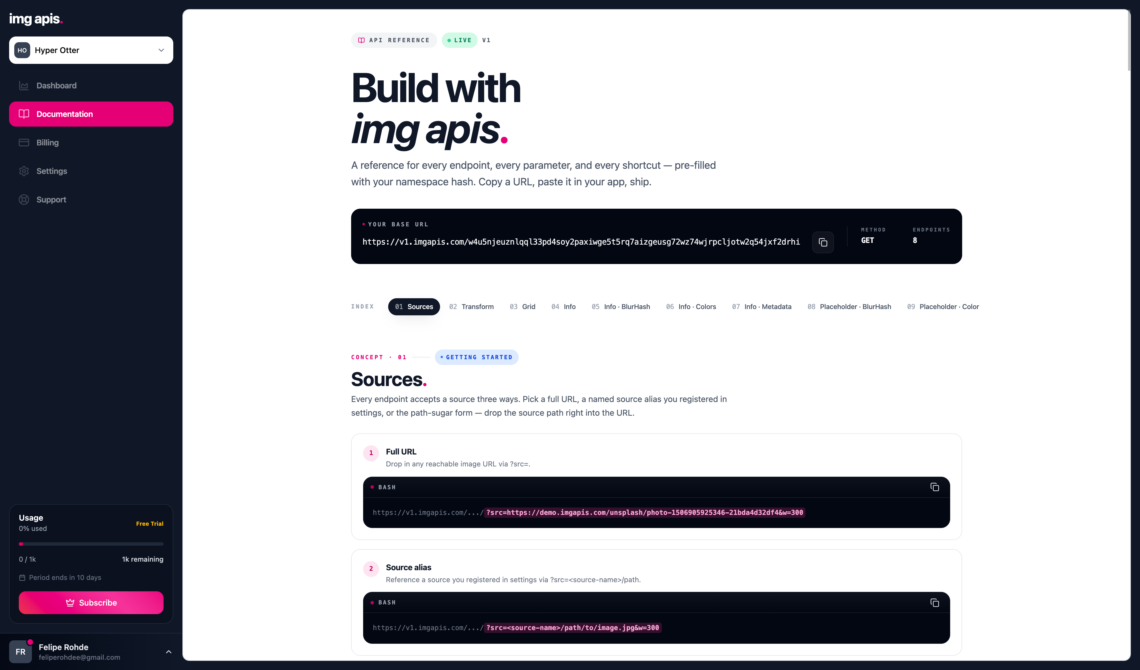 In-product docs — every endpoint with live URL examples already scoped to the active workspace