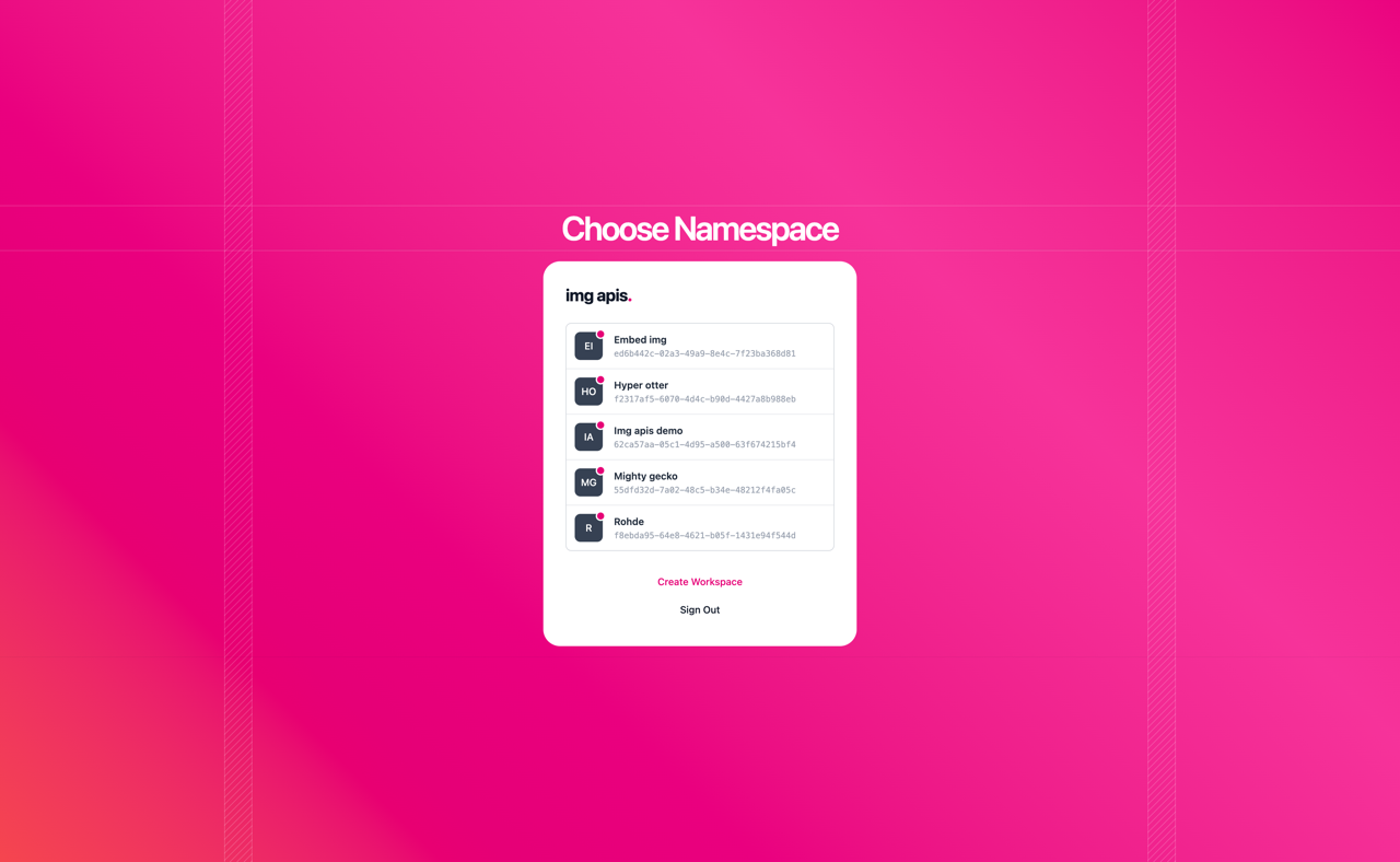 Workspace selector — multiple namespaces under a single img apis account