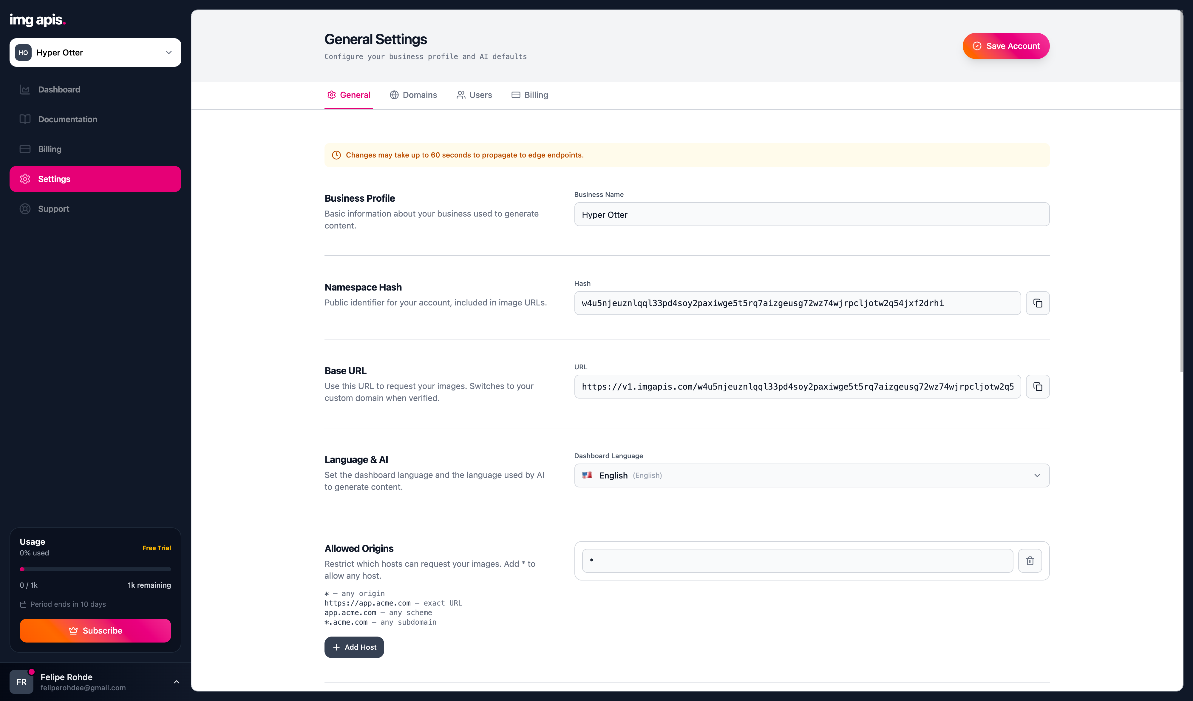Settings panel — origins, sources, default mark and team management
